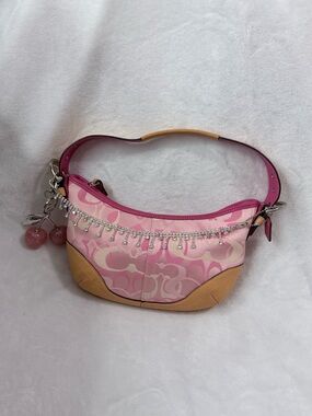 Pink Coach Rare Signature Print Shoulder Bag with Crystal Trim